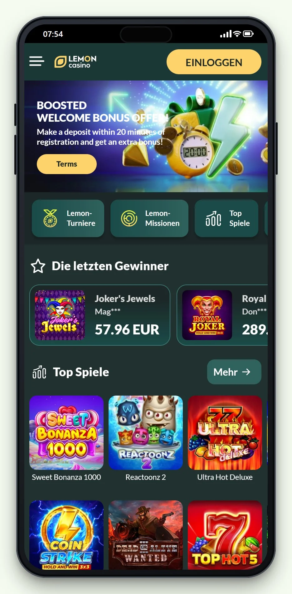 Die mobile Startseite und Spielelobby von Lemon Casino