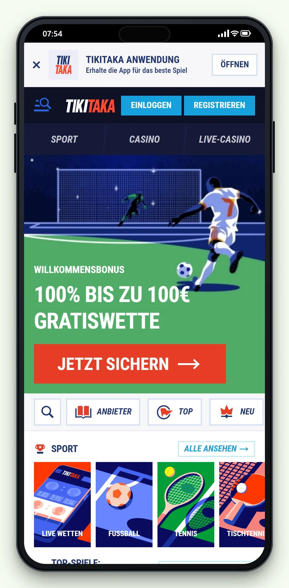 Die mobile Startseite und Spielelobby von TikiTaka