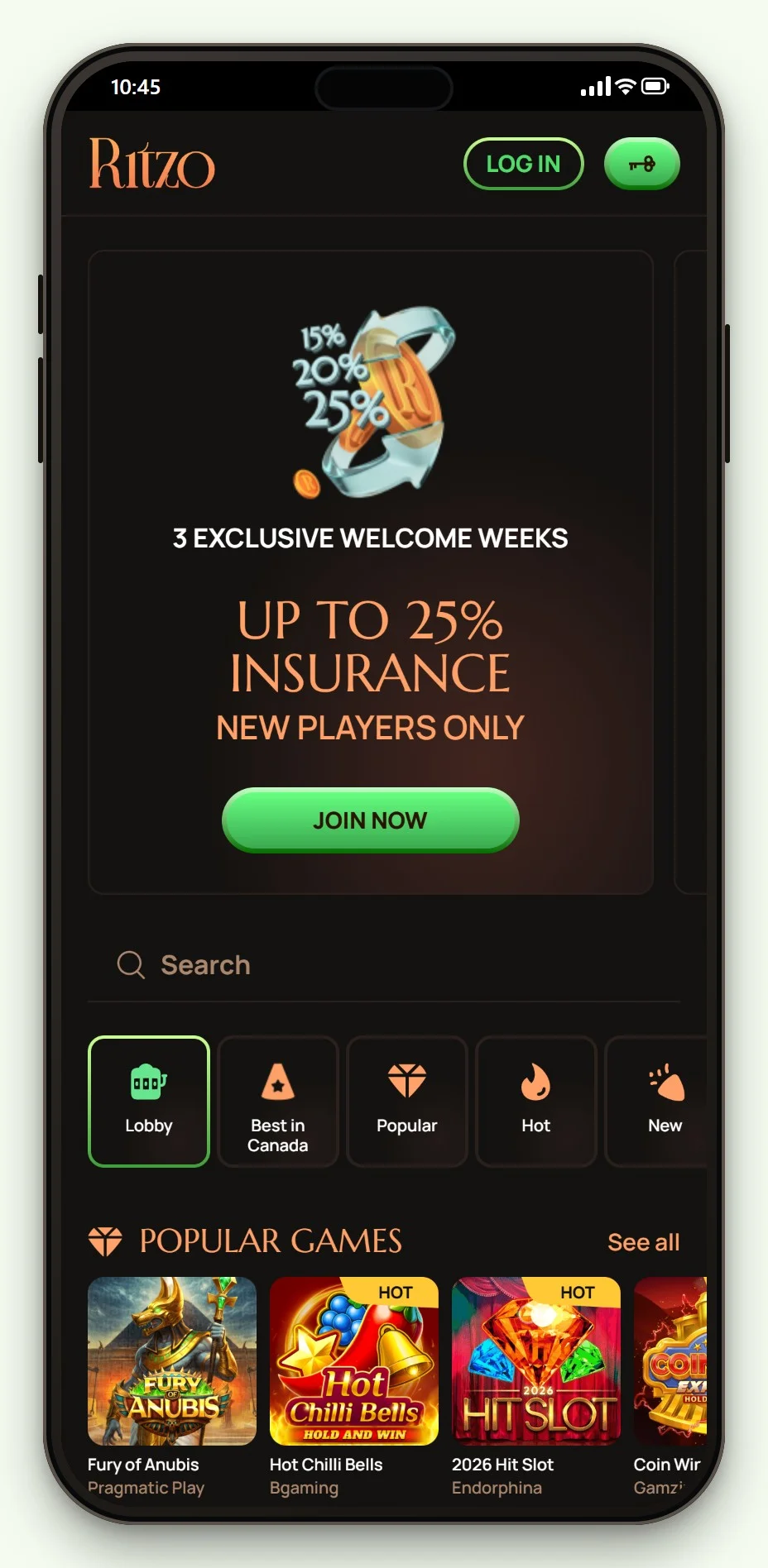 Ritzo on mobile: the casino home screen and lobby