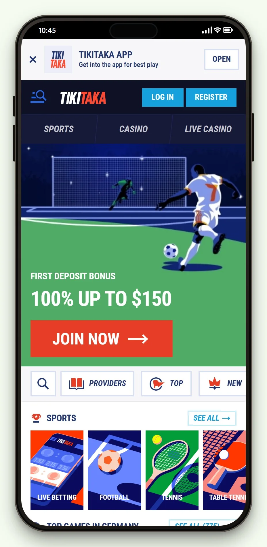 TikiTaka on mobile: the casino home screen and lobby