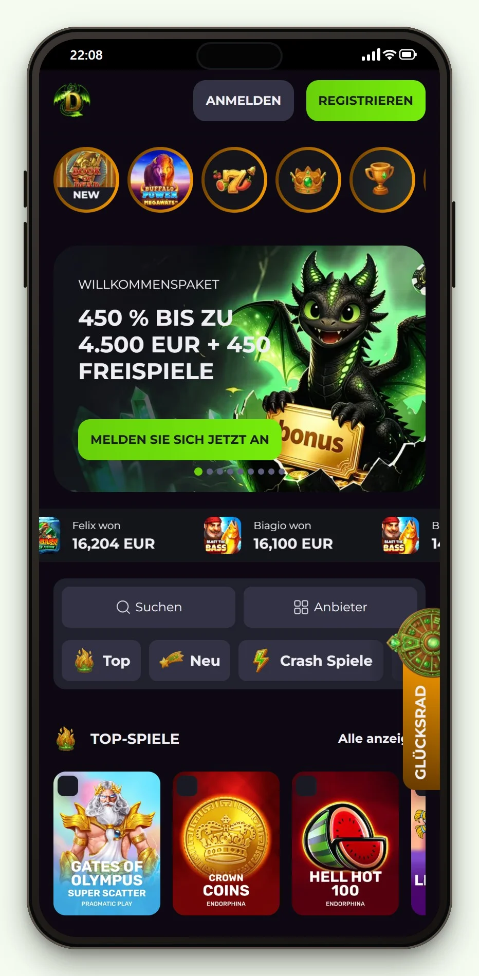 Drakaris auf dem Smartphone: Startseite des Casinos