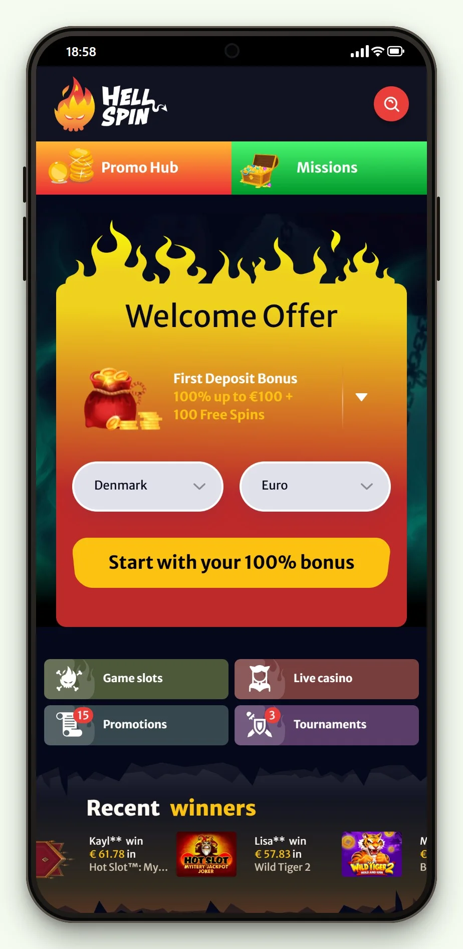 Forsiden og spillobbyen hos HellSpin på mobilen