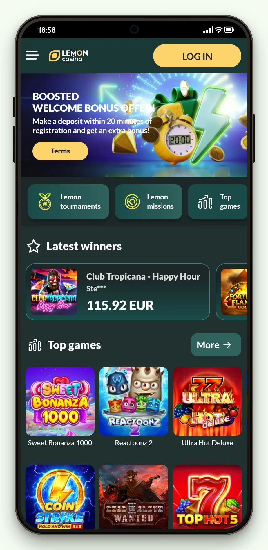 Forsiden og spillobbyen hos Lemon Casino på mobilen