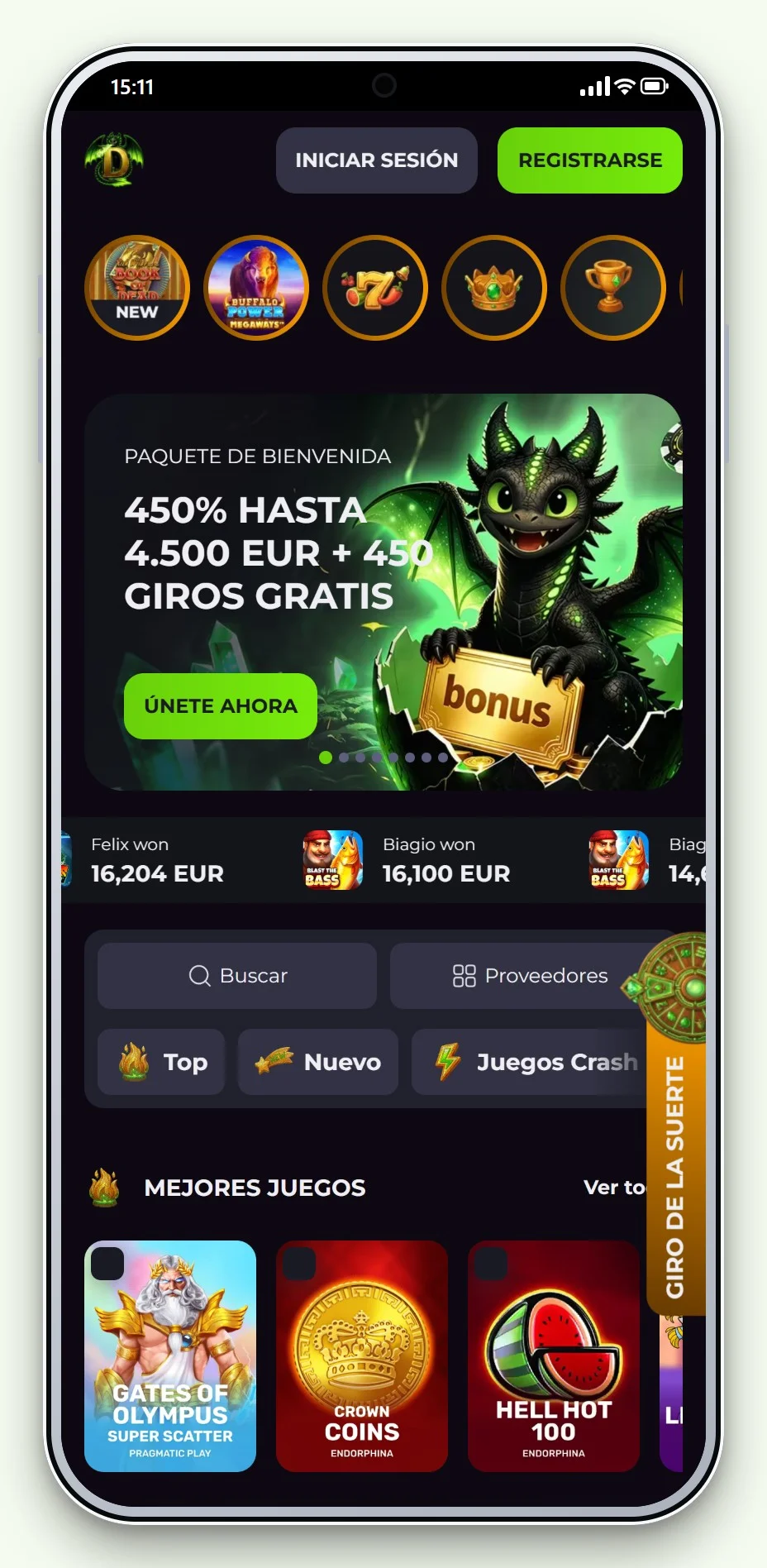 La portada móvil y el lobby de juegos de Drakaris