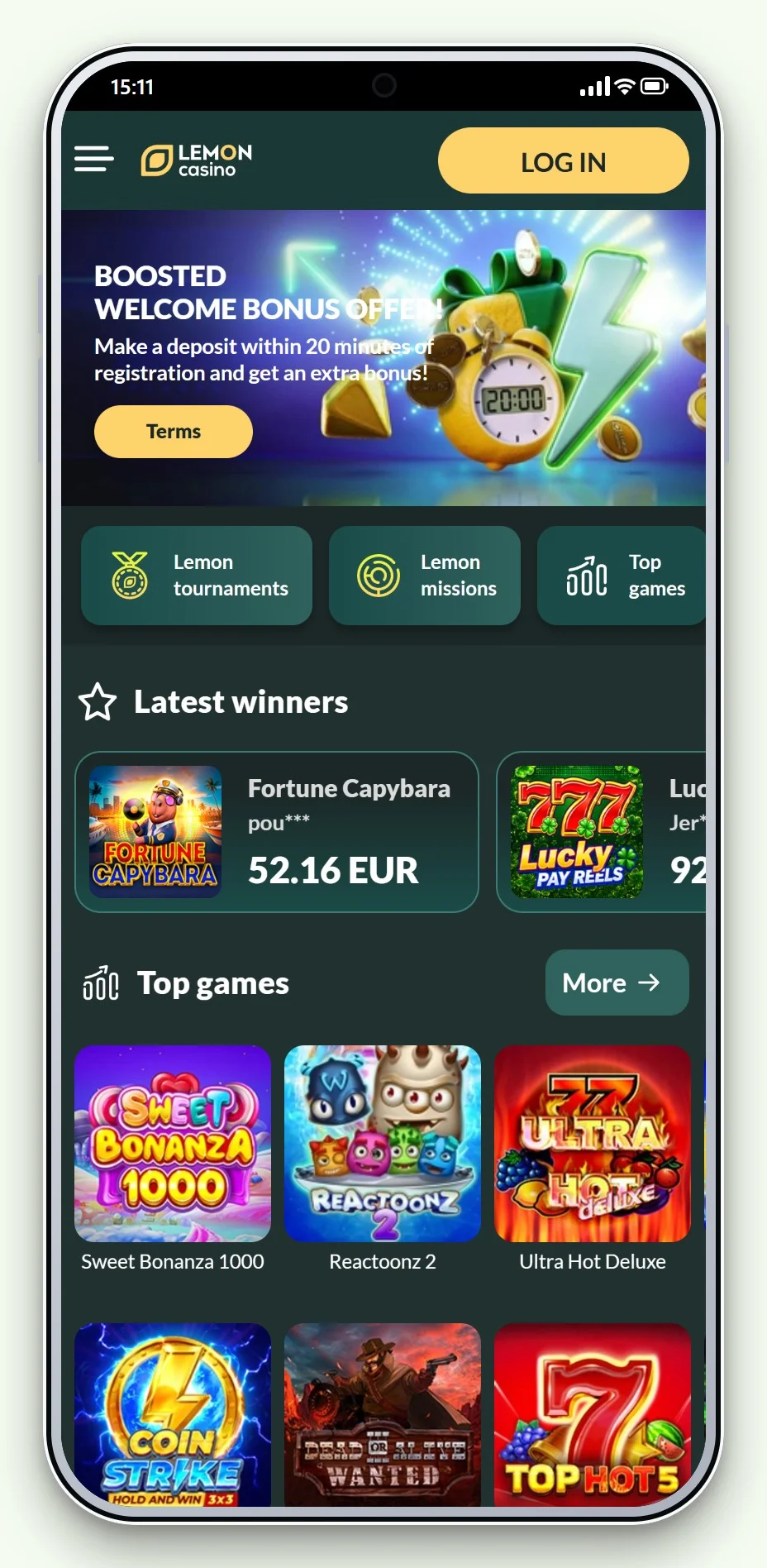 Lemon Casino en el móvil: portada y lobby del casino