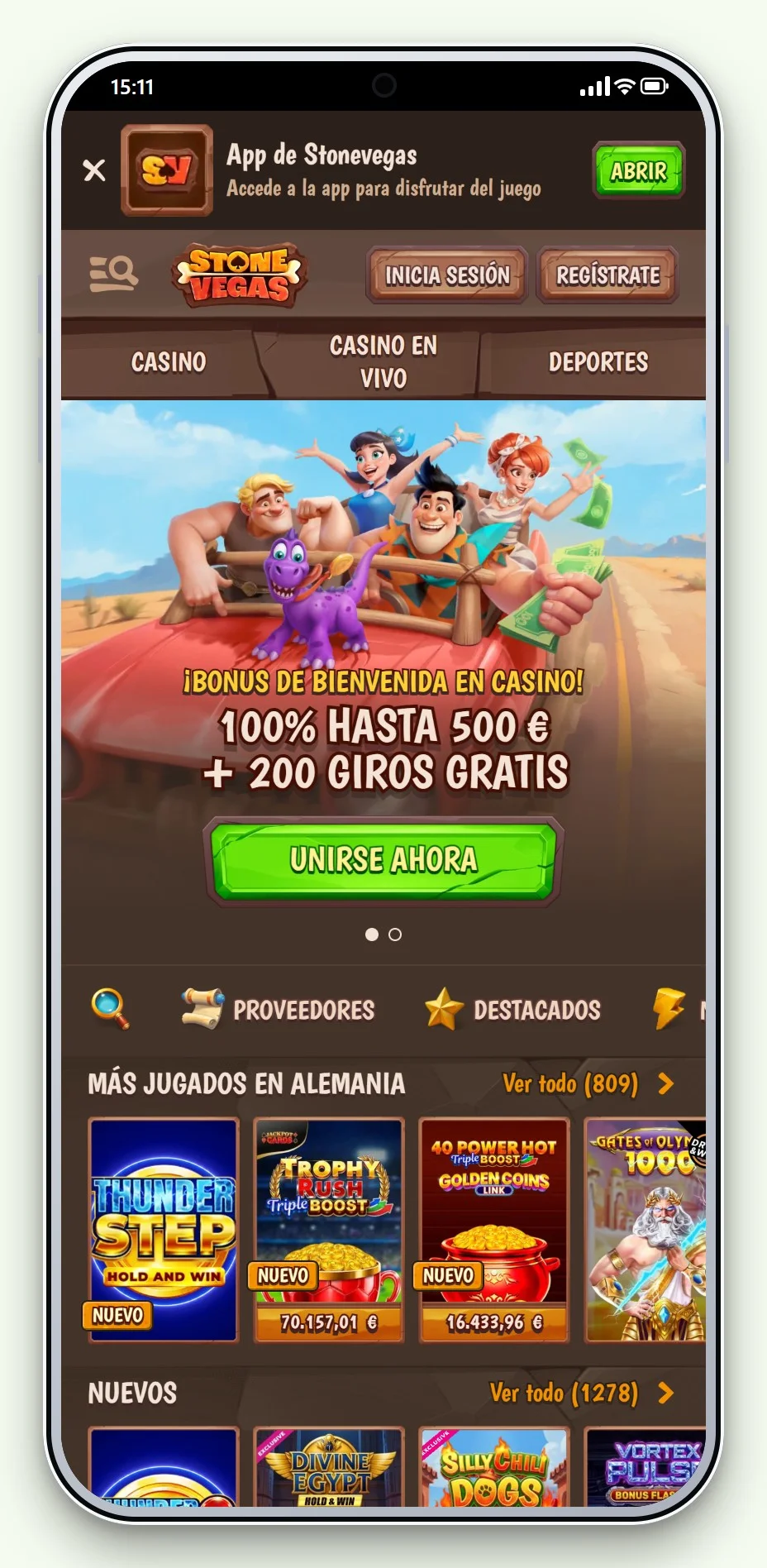 La portada móvil y el lobby de juegos de StoneVegas