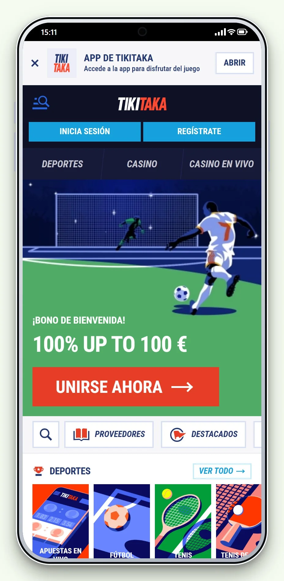 TikiTaka en el móvil: portada y lobby del casino