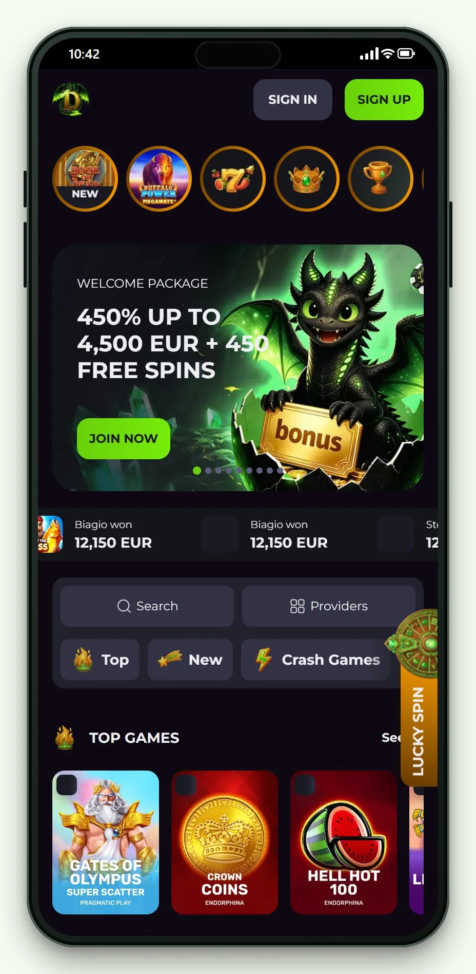 Drakaris mobiilissa: kasinon etusivu ja pelivalikoima