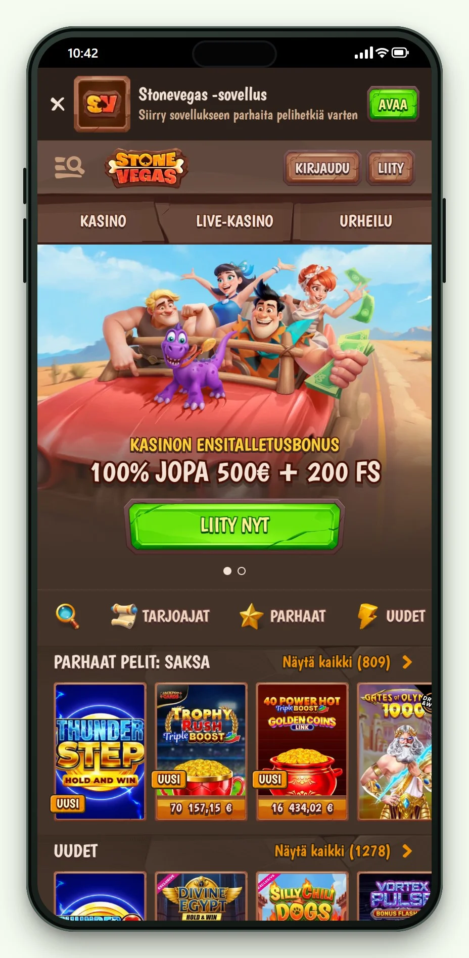 Kasinon StoneVegas etusivu ja pelit puhelimella