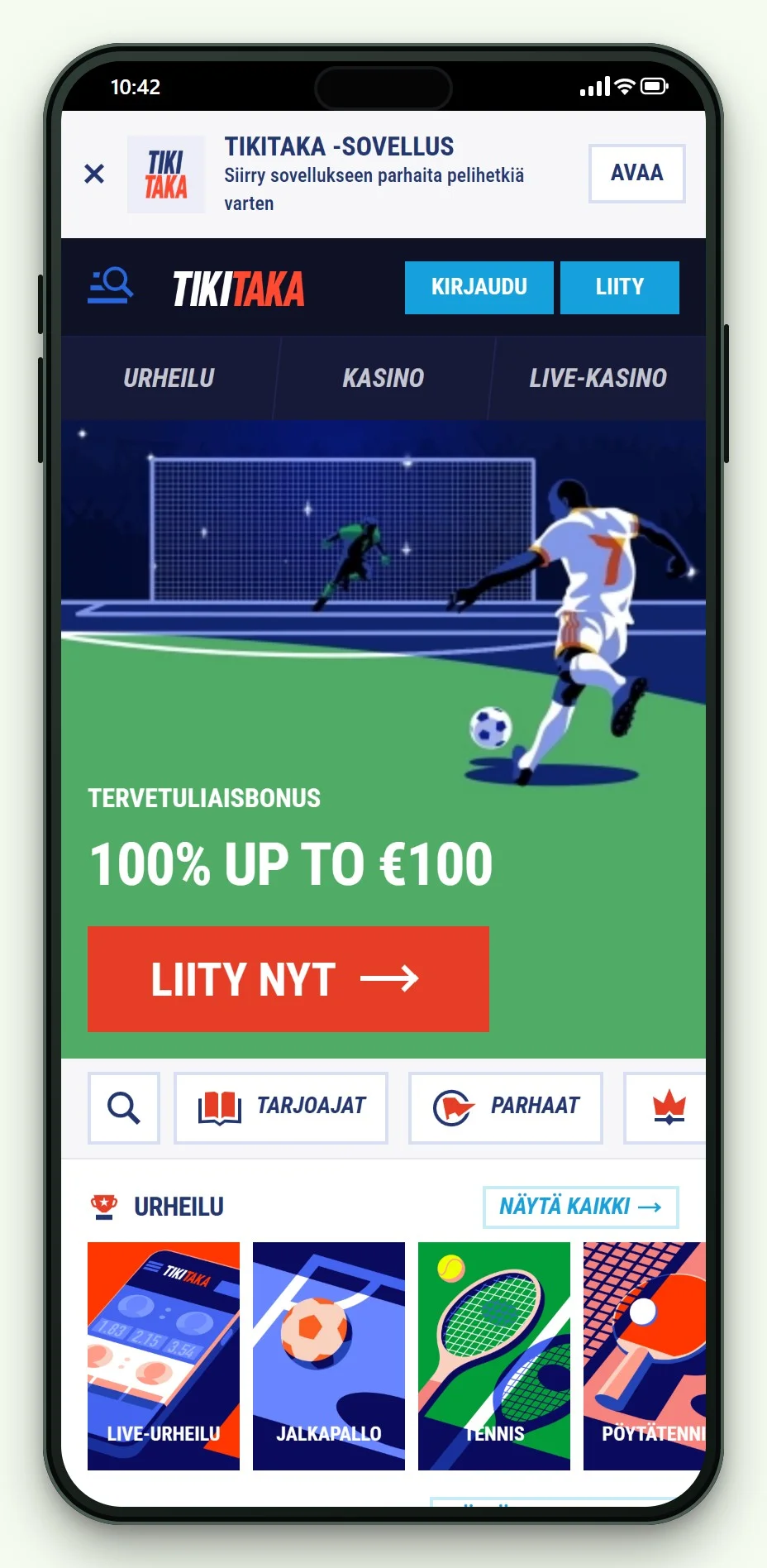 TikiTaka mobiilissa: kasinon etusivu ja pelivalikoima