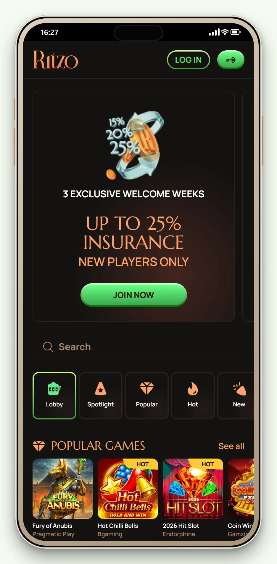 De mobiele startpagina en spellobby van Ritzo
