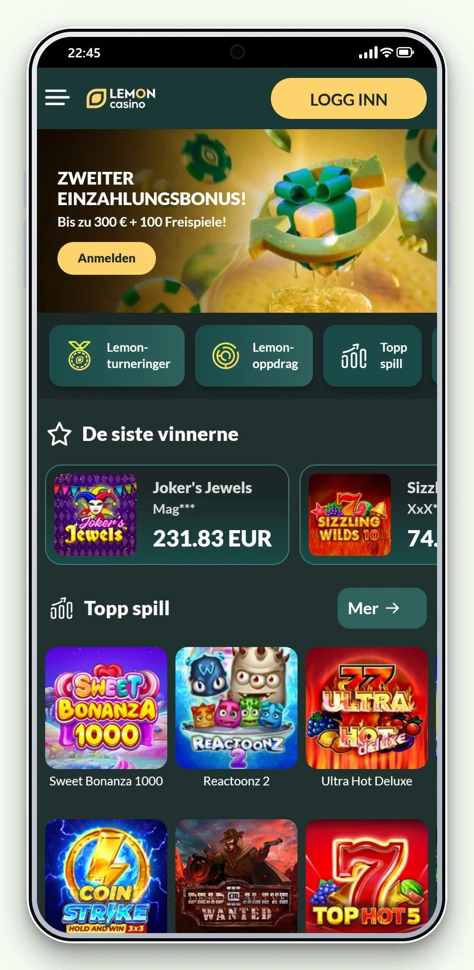 Forsiden og spillobbyen hos Lemon Casino på mobilen