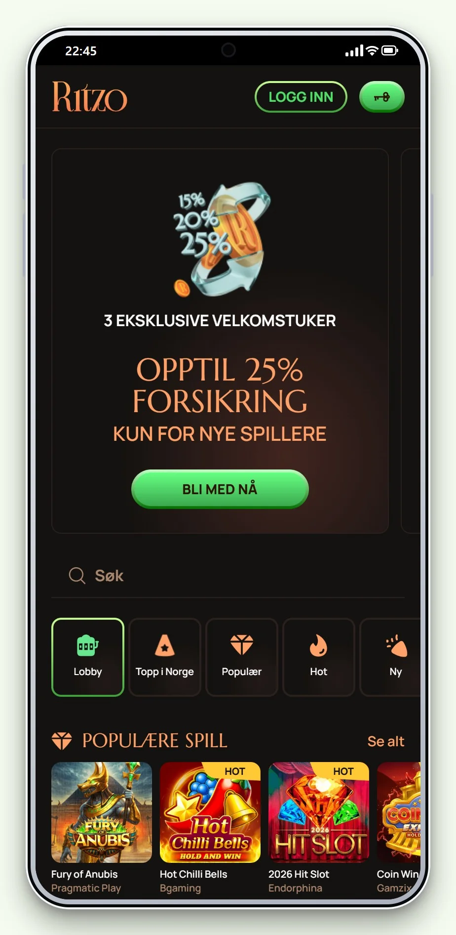 Ritzo på mobilen: forsiden og spillobbyen
