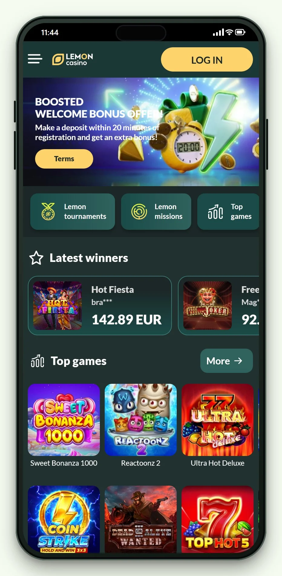The mobile home screen and game lobby of Lemon Casino