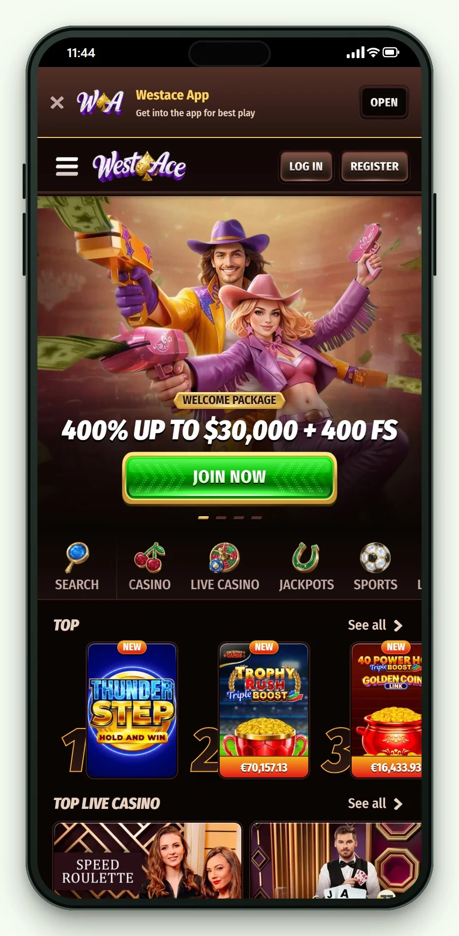 The mobile home screen and game lobby of WestAce