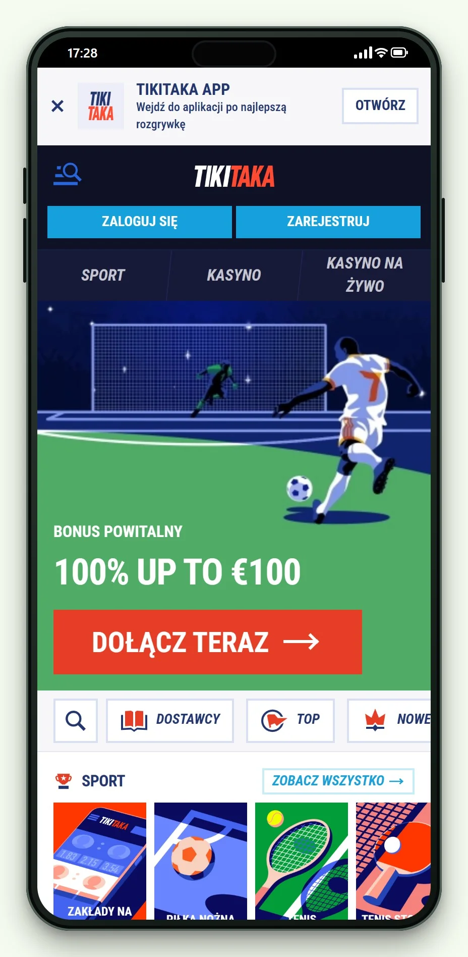 Mobilna strona główna i lobby gier kasyna TikiTaka