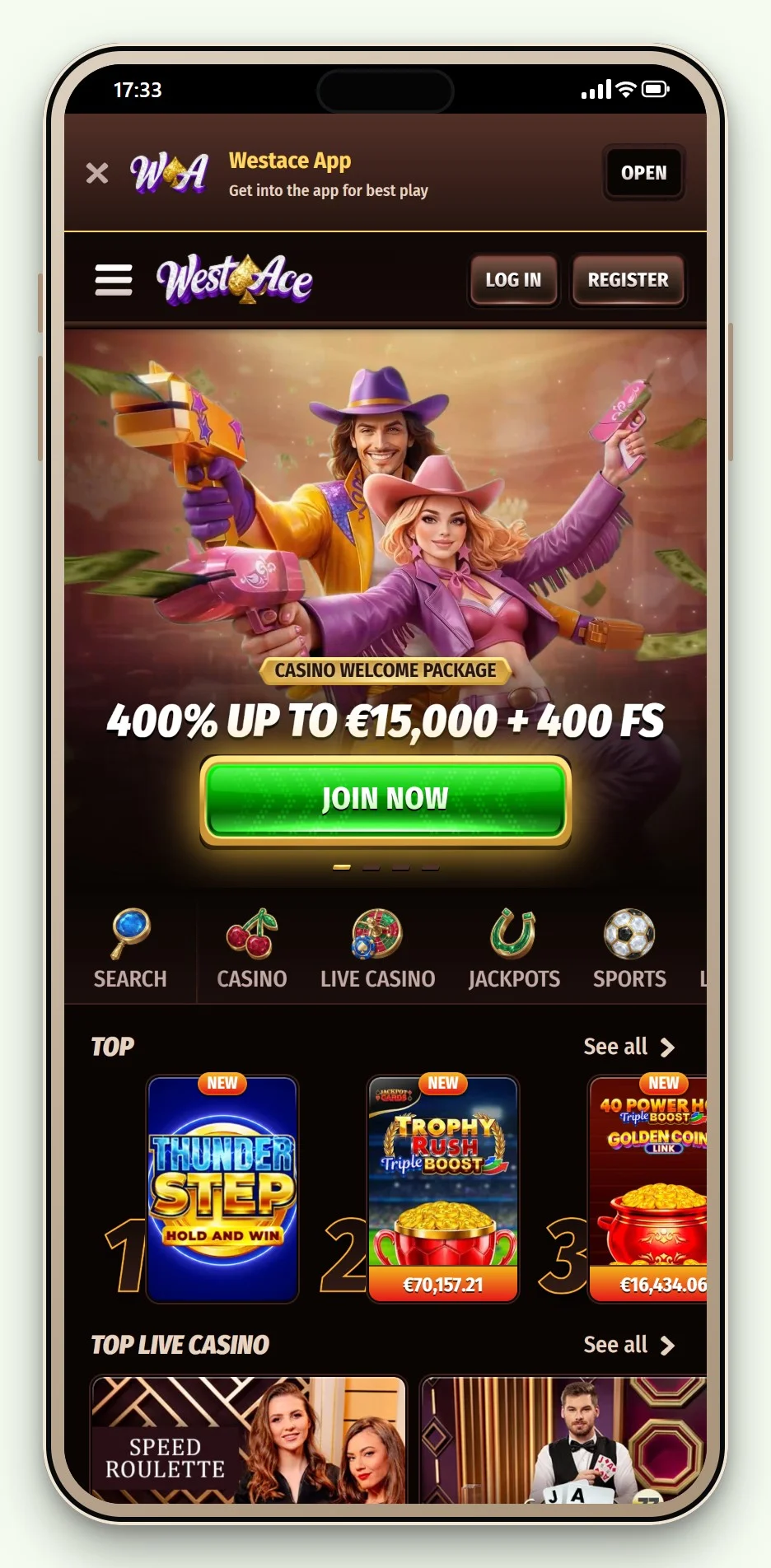 The mobile home screen and game lobby of WestAce